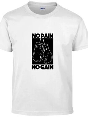 Gildan White Tee with Black 'No Pain No Gain' Boxing Glove Graphic
